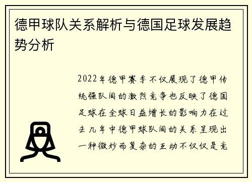德甲球队关系解析与德国足球发展趋势分析