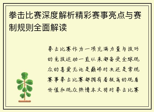 拳击比赛深度解析精彩赛事亮点与赛制规则全面解读