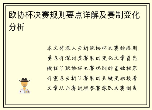 欧协杯决赛规则要点详解及赛制变化分析