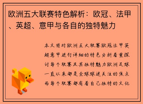 欧洲五大联赛特色解析：欧冠、法甲、英超、意甲与各自的独特魅力