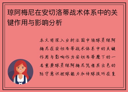 琼阿梅尼在安切洛蒂战术体系中的关键作用与影响分析 琼阿梅尼在安切洛蒂战术体系中的关键作用与影响分析
