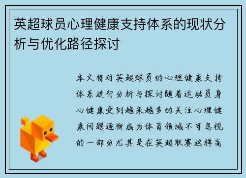 英超球员心理健康支持体系的现状分析与优化路径探讨