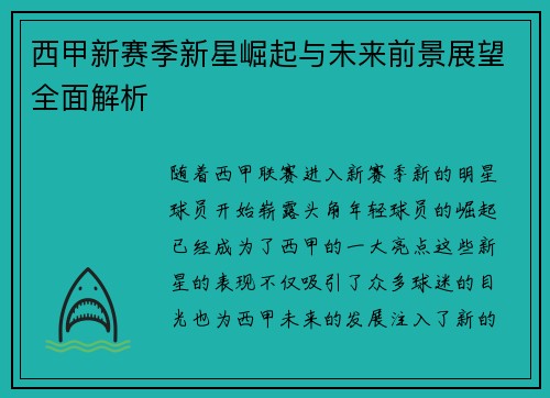 西甲新赛季新星崛起与未来前景展望全面解析